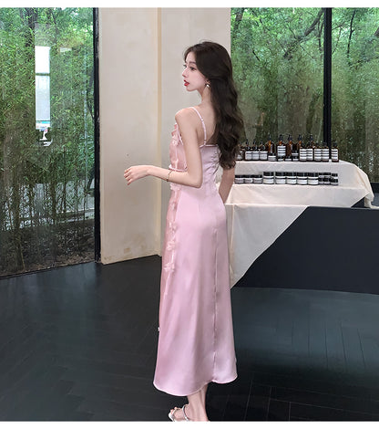Miyu's homemade summer temperament satin swing neck white suspender dress medium and long slim fishtail hip skirt