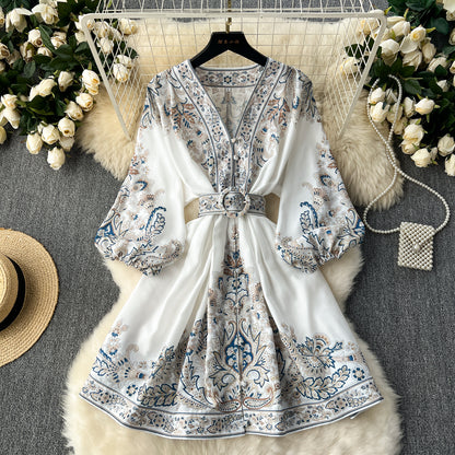 Spring new French retro printing single-breasted V-neck lantern sleeves waist medium and long small dress tide