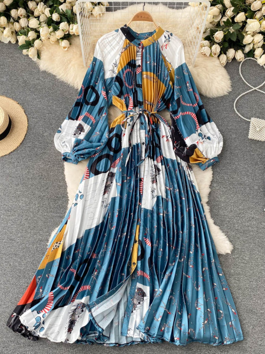 French retro long-sleeved shirt dress temperament waist heavy industry crinkle elegant printing celebrity high-end vacation dress