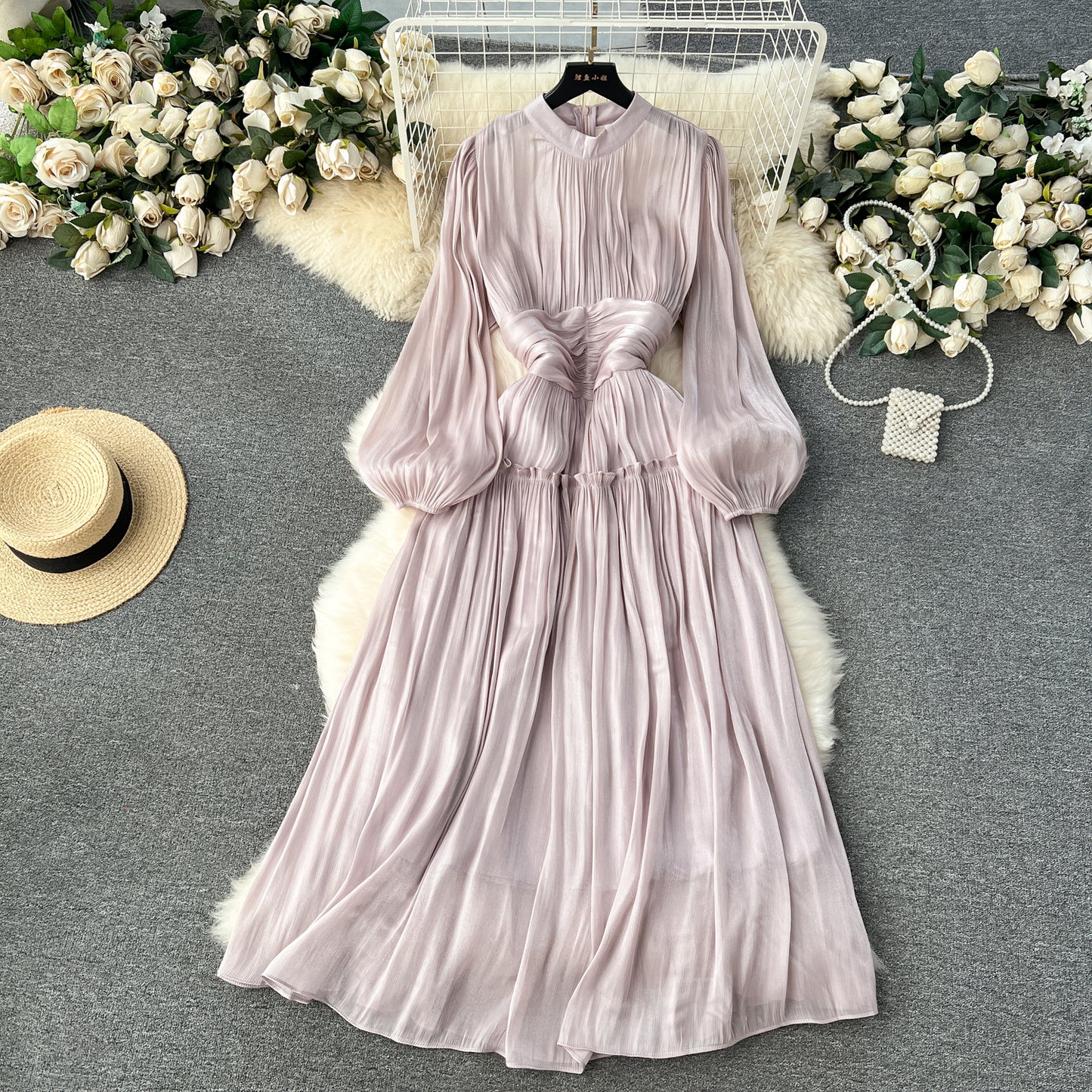 Elegant Women's Long Bubble Sleeve Evening Dress with Waist Cincher, Exquisite Collar and Chic Pleats  New Spring Collection