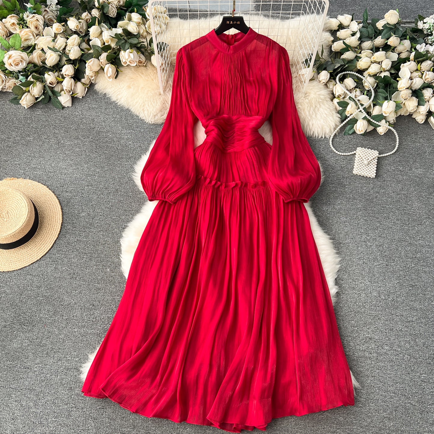 Elegant Women's Long Bubble Sleeve Evening Dress with Waist Cincher, Exquisite Collar and Chic Pleats  New Spring Collection