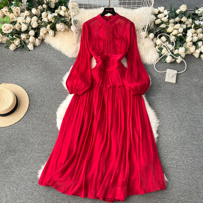 Elegant Women's Long Bubble Sleeve Evening Dress with Waist Cincher, Exquisite Collar and Chic Pleats  New Spring Collection