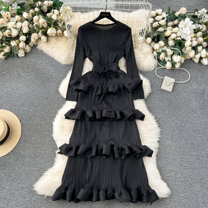 High-end banquet dress, high-end light luxury, niche ruffle edge cake skirt, heavy industry pleated slim-fitting long dress