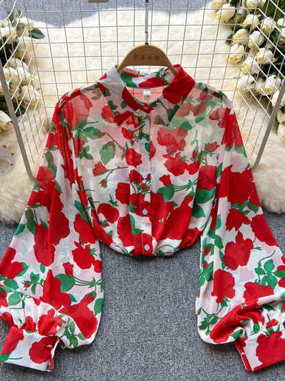 Spring and summer new long-sleeved French retro top women's thin loose Polo neck lantern sleeve floral thin shirt