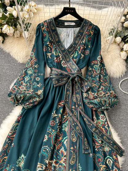 2024 early spring new French high-end one-piece lace-up waist printed dress women's light luxury elegant long dress