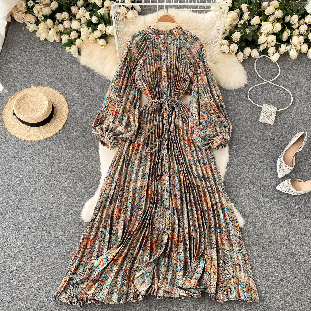 French retro long-sleeved shirt dress temperament waist heavy industry crinkle elegant printing celebrity high-end vacation dress