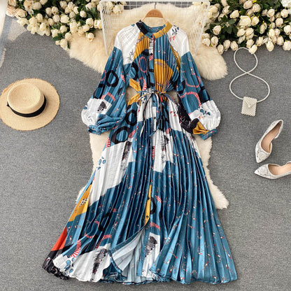 French retro long-sleeved shirt dress temperament waist heavy industry crinkle elegant printing celebrity high-end vacation dress