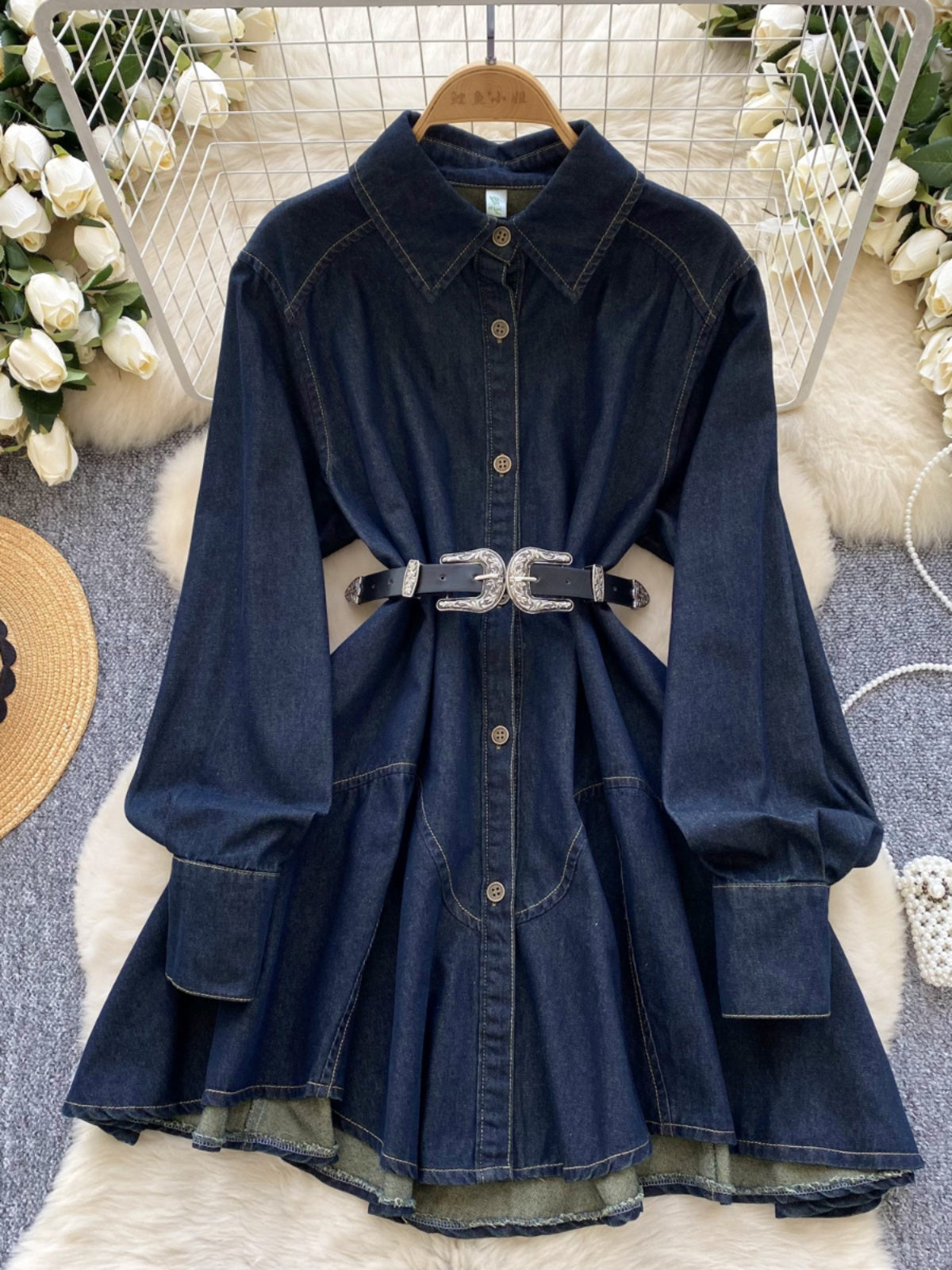 Spring new Hong Kong flavor retro high sense loose and thin irregular lace-up waist denim dress women