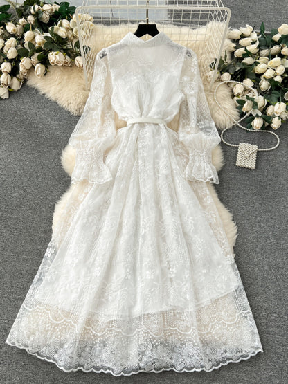 French retro court dress heavy industry embroidery fungus edge slim long lace dress high-end exquisite dress