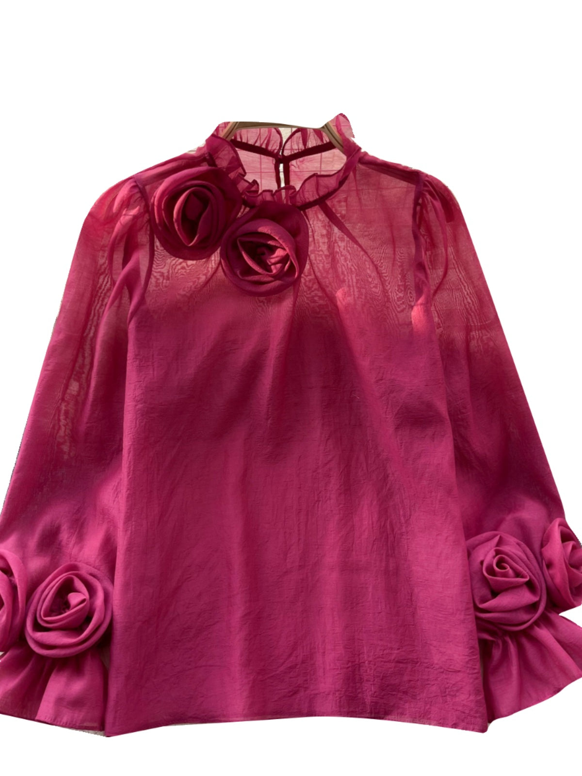 Elegant French Shirt with Age-Reducing Bubble Sleeves, 3D Flower Design, and Versatile Chiffon Top for Women