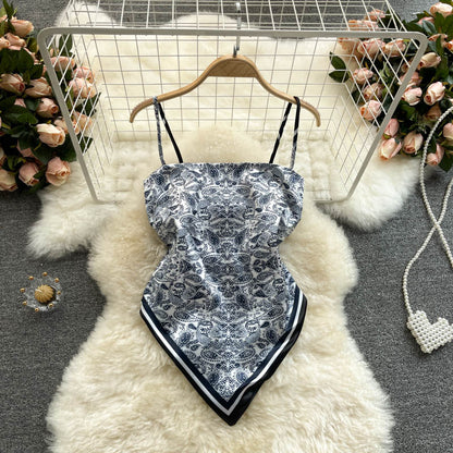 European and American ins tops women's design sense niche printing belly pocket heart machine backless knotted slim versatile sling vest