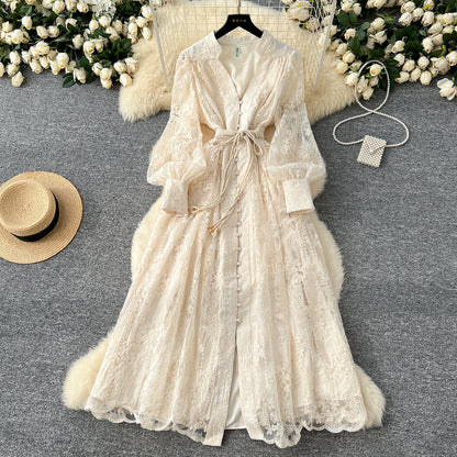 French high-end women's dress 2025 spring waist-collecting heavy embroidery V-neck lantern sleeve single-breasted long gown, elegant long dress