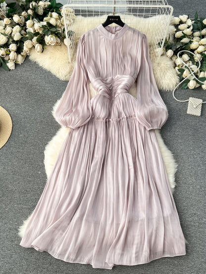 Elegant Women's Long Bubble Sleeve Evening Dress with Waist Cincher, Exquisite Collar and Chic Pleats  New Spring Collection