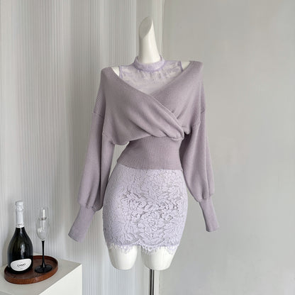 Miyu homemade off-shoulder knitted top women's 2025 spring and autumn new two-piece real lace skirt knitted sweater set