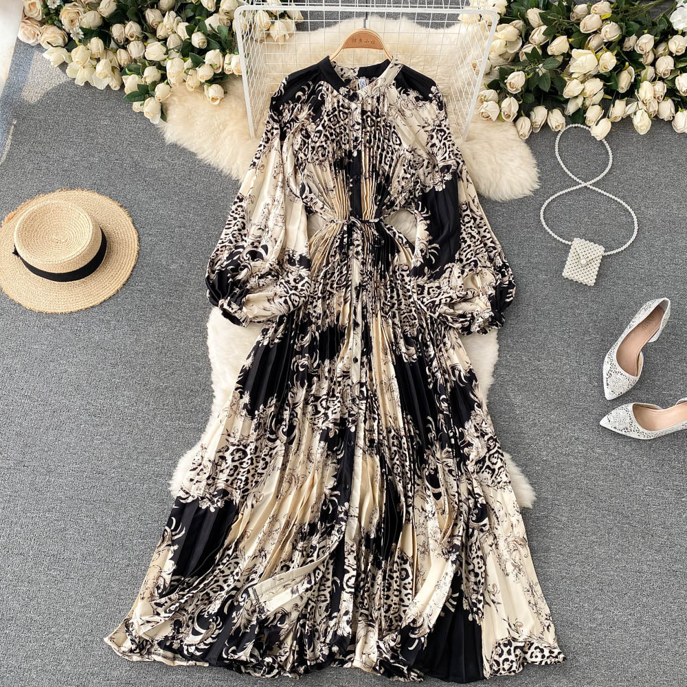 French retro long-sleeved shirt dress temperament waist heavy industry crinkle elegant printing celebrity high-end vacation dress