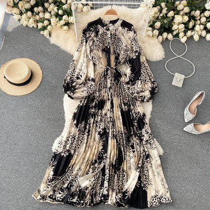 French retro long-sleeved shirt dress temperament waist heavy industry crinkle elegant printing celebrity high-end vacation dress