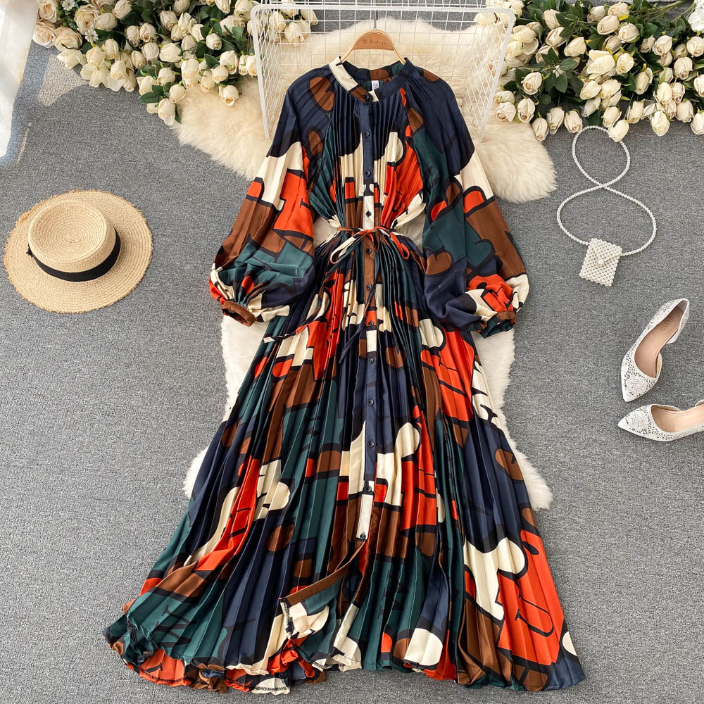 French retro long-sleeved shirt dress temperament waist heavy industry crinkle elegant printing celebrity high-end vacation dress