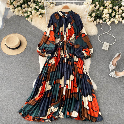 French retro long-sleeved shirt dress temperament waist heavy industry crinkle elegant printing celebrity high-end vacation dress