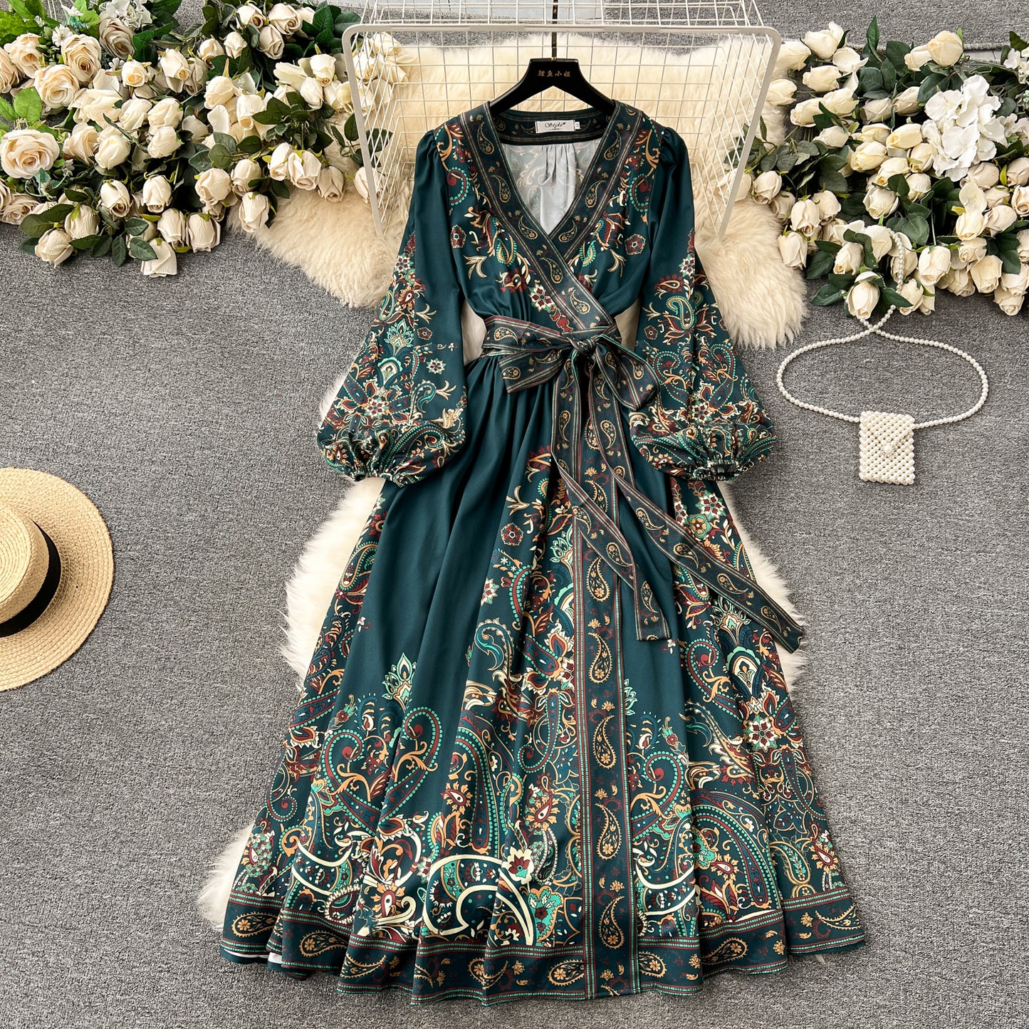 2024 early spring new French high-end one-piece lace-up waist printed dress women's light luxury elegant long dress