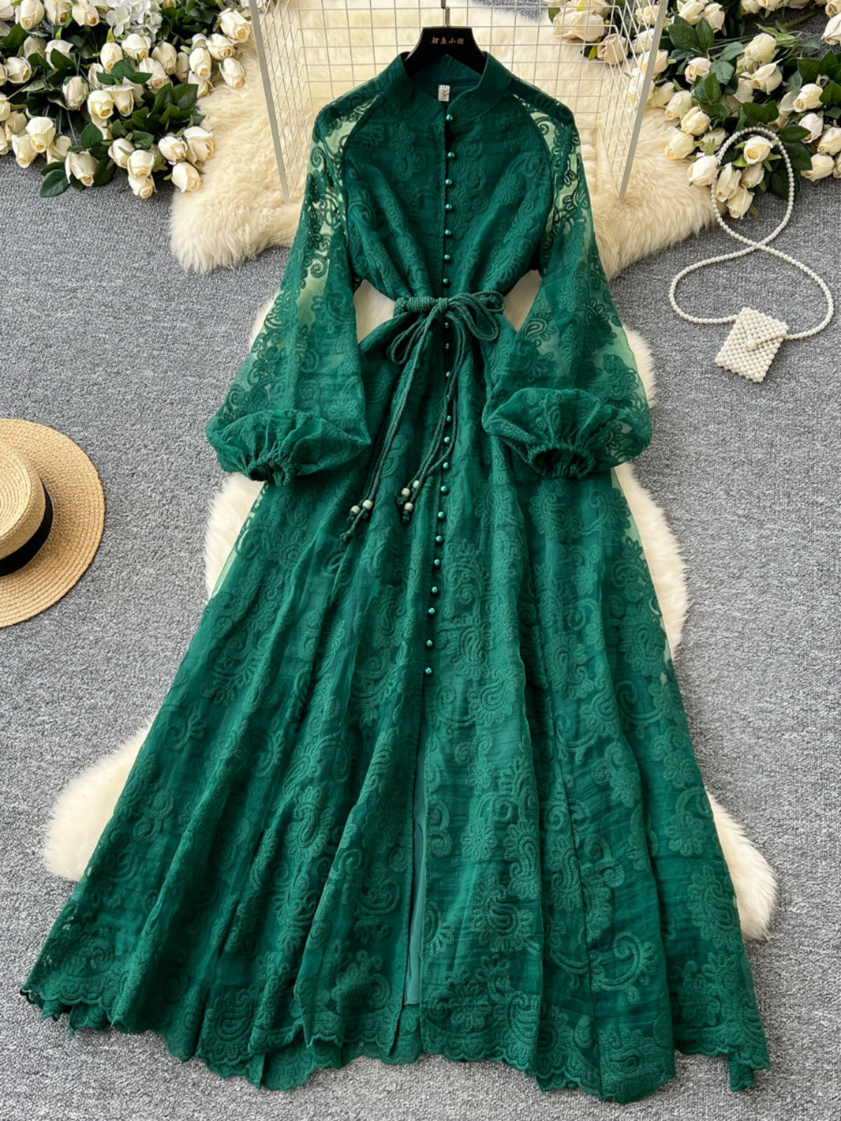 European and American style elegant stand-up collar single-breasted heavy industry crochet embroidery lantern sleeve lace-up waist pendulum long dress