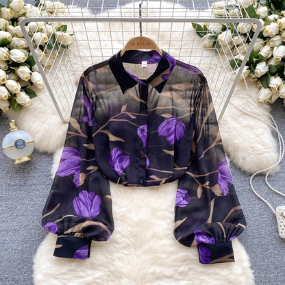 Spring and summer new long-sleeved French retro top women's thin loose Polo neck lantern sleeve floral thin shirt