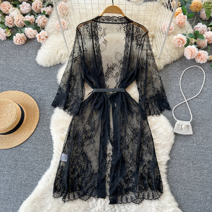 Spring and summer pure desire style Spice girls sexy pajamas women's thin long mesh lace pajamas deep V-neck shawl cardigan tide