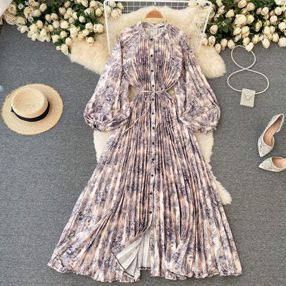 French retro long-sleeved shirt dress temperament waist heavy industry crinkle elegant printing celebrity high-end vacation dress