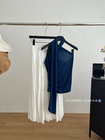 Miyou self-made, designed slanted shoulder streamer white waist top 2025 summer new super fire solid color
