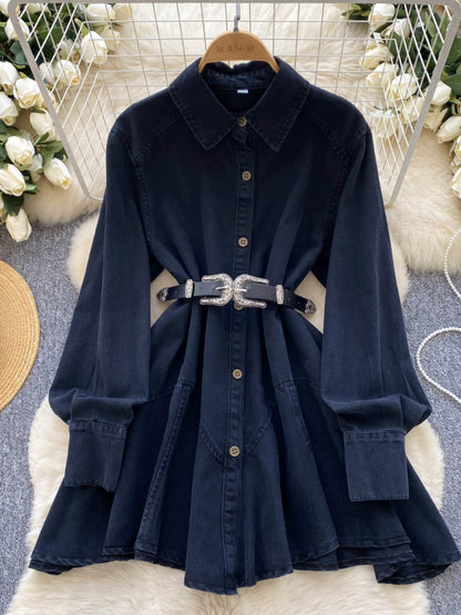 Spring new Hong Kong flavor retro high sense loose and thin irregular lace-up waist denim dress women