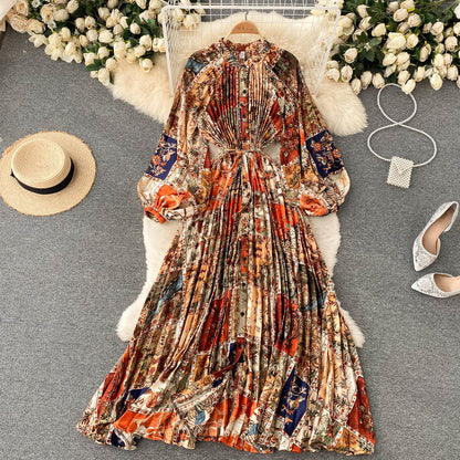 French retro long-sleeved shirt dress temperament waist heavy industry crinkle elegant printing celebrity high-end vacation dress