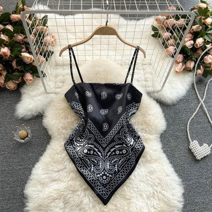 European and American ins tops women's design sense niche printing belly pocket heart machine backless knotted slim versatile sling vest