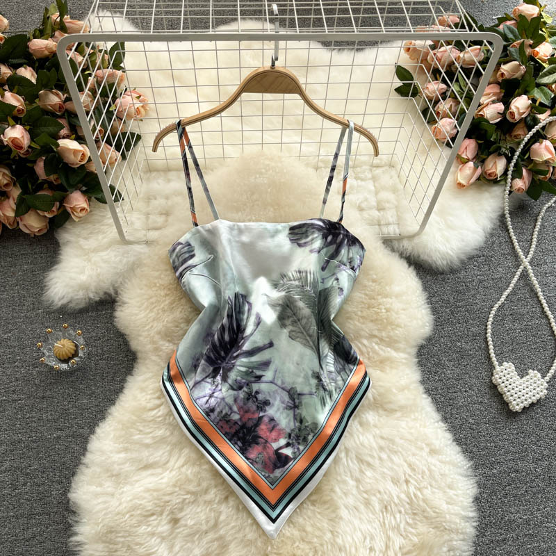 European and American ins tops women's design sense niche printing belly pocket heart machine backless knotted slim versatile sling vest