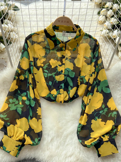 Spring and summer new long-sleeved French retro top women's thin loose Polo neck lantern sleeve floral thin shirt