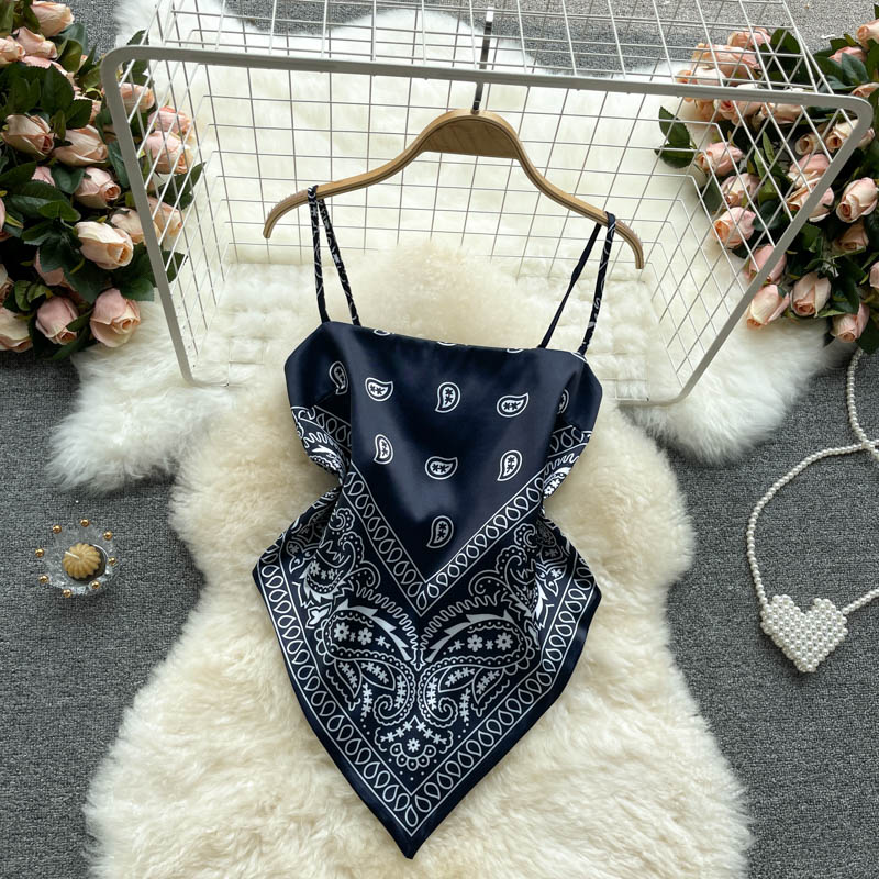 European and American ins tops women's design sense niche printing belly pocket heart machine backless knotted slim versatile sling vest