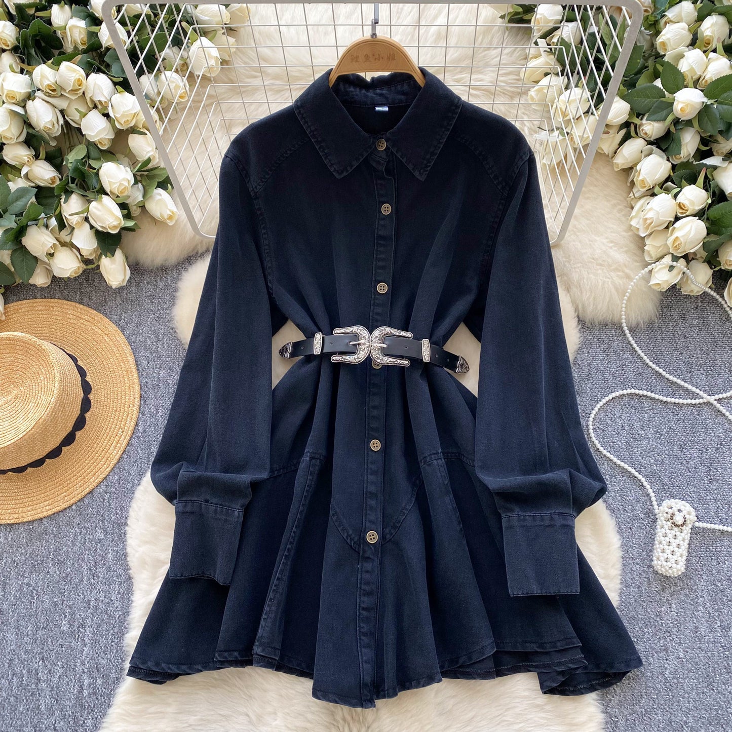 Spring new Hong Kong flavor retro high sense loose and thin irregular lace-up waist denim dress women