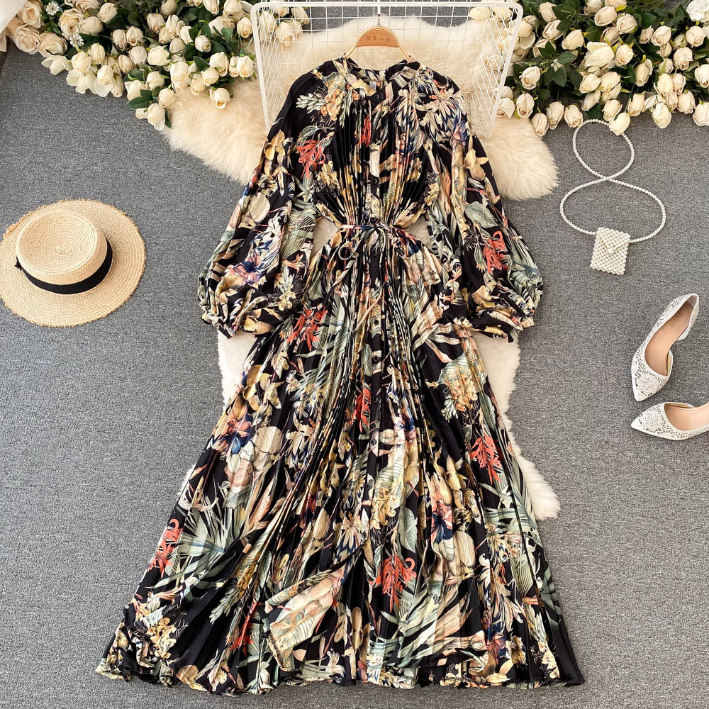 French retro long-sleeved shirt dress temperament waist heavy industry crinkle elegant printing celebrity high-end vacation dress