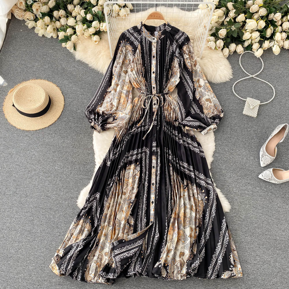 French retro long-sleeved shirt dress temperament waist heavy industry crinkle elegant printing celebrity high-end vacation dress