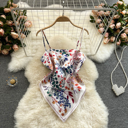 European and American ins tops women's design sense niche printing belly pocket heart machine backless knotted slim versatile sling vest