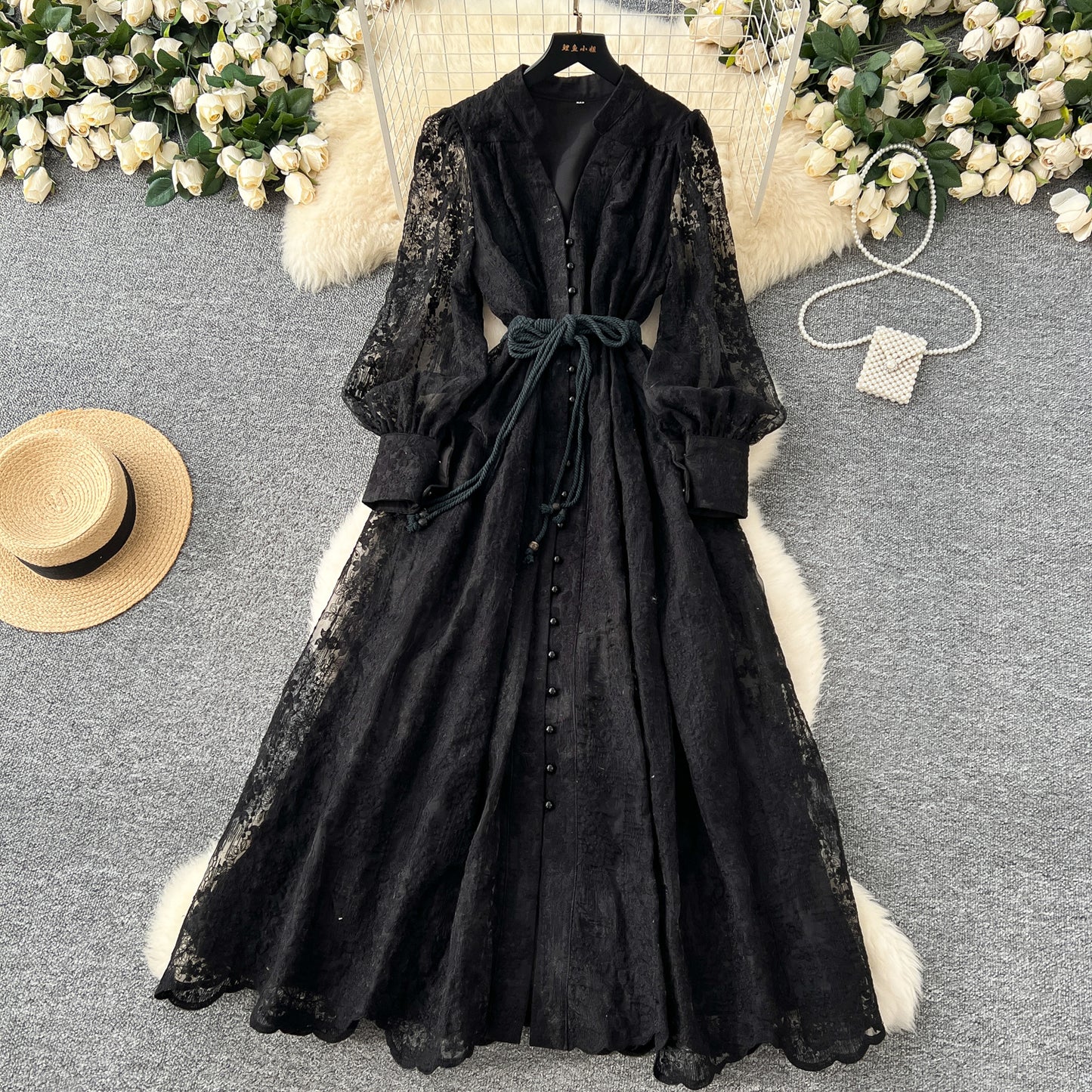 French high-end women's dress 2025 spring waist-collecting heavy embroidery V-neck lantern sleeve single-breasted long gown, elegant long dress