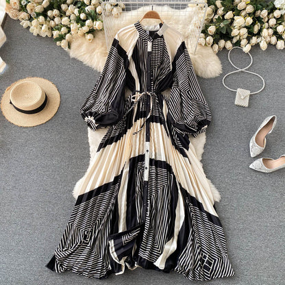 French retro long-sleeved shirt dress temperament waist heavy industry crinkle elegant printing celebrity high-end vacation dress