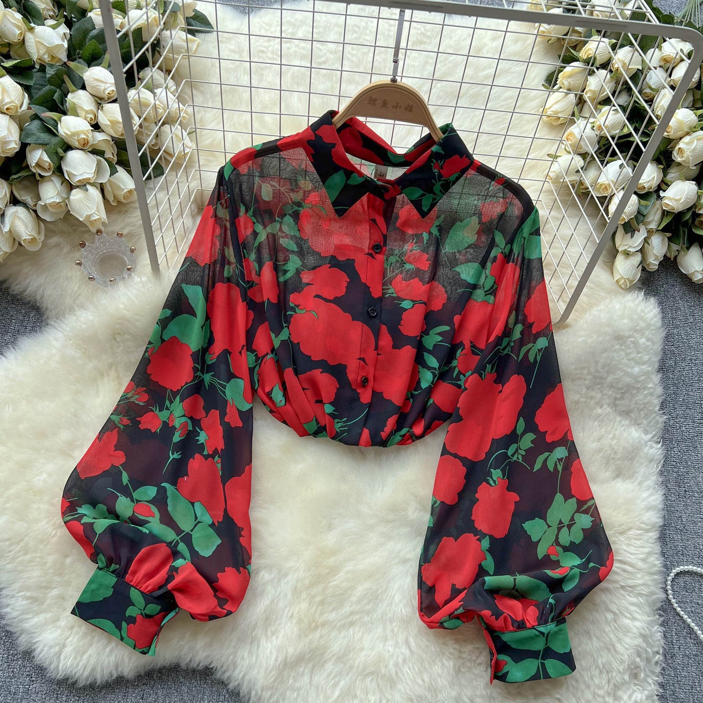 Spring and summer new long-sleeved French retro top women's thin loose Polo neck lantern sleeve floral thin shirt