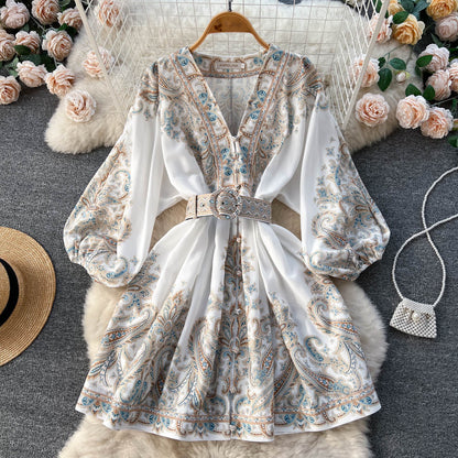 Spring new French retro printing single-breasted V-neck lantern sleeves waist medium and long small dress tide