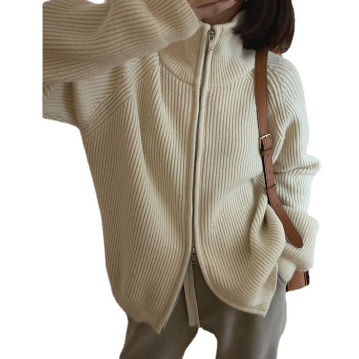 Autumn and winter new Korean women&#039;s padded loose sweater coat women&#039;s double zipper soft waxy knit cardigan women&#039;s coat