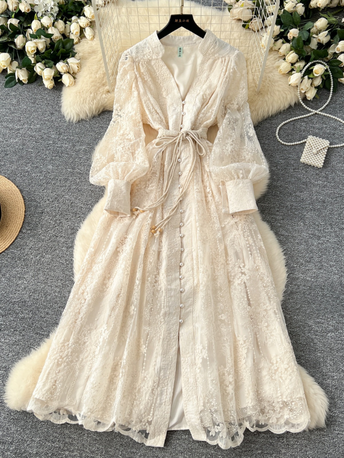 French high-end women's dress 2025 spring waist-collecting heavy embroidery V-neck lantern sleeve single-breasted long gown, elegant long dress