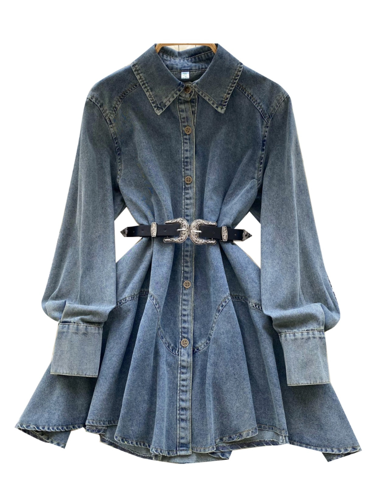 Spring new Hong Kong flavor retro high sense loose and thin irregular lace-up waist denim dress women