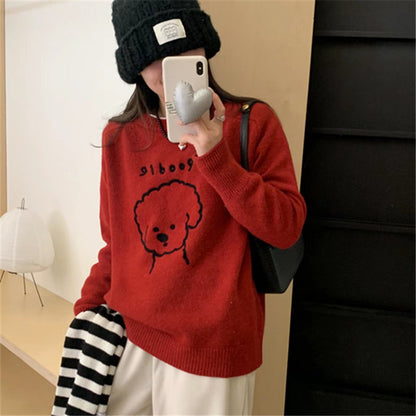 Cartoon dog knitted pullover sweater women&#039;s autumn and winter new loose round neck with soft waxy women&#039;s knitted top.