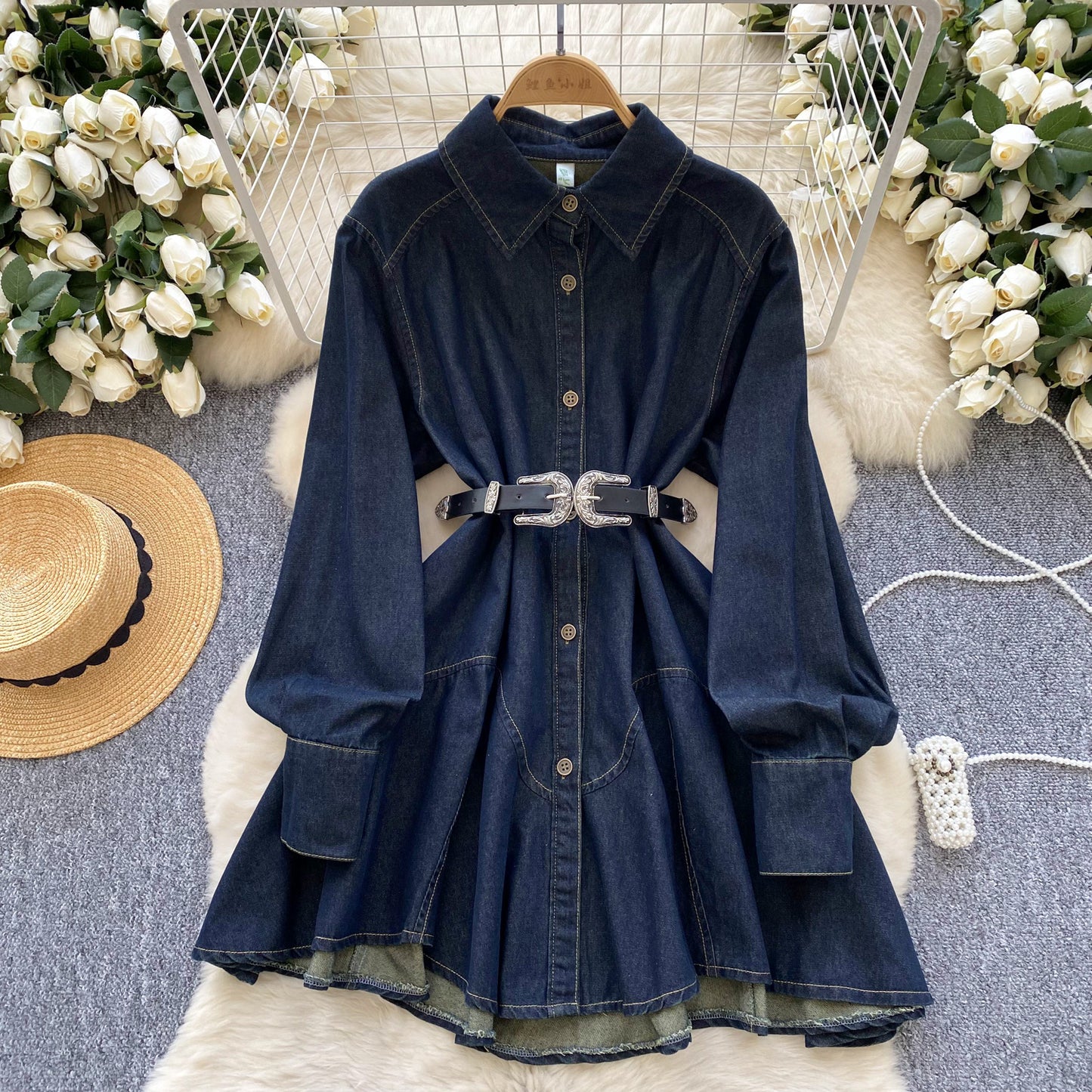 Spring new Hong Kong flavor retro high sense loose and thin irregular lace-up waist denim dress women