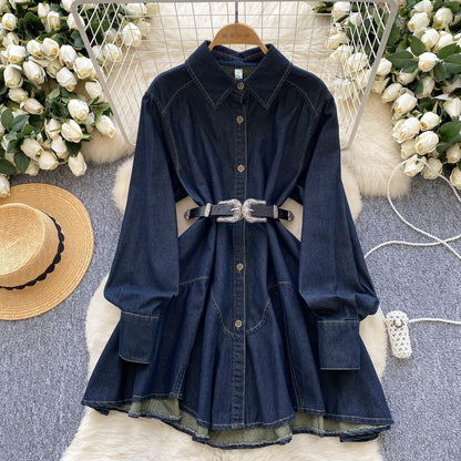 Spring new chic Hong Kong flavor retro high sense loose and thin irregular lace-up waist denim dress women