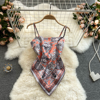 European and American ins tops women's design sense niche printing belly pocket heart machine backless knotted slim versatile sling vest