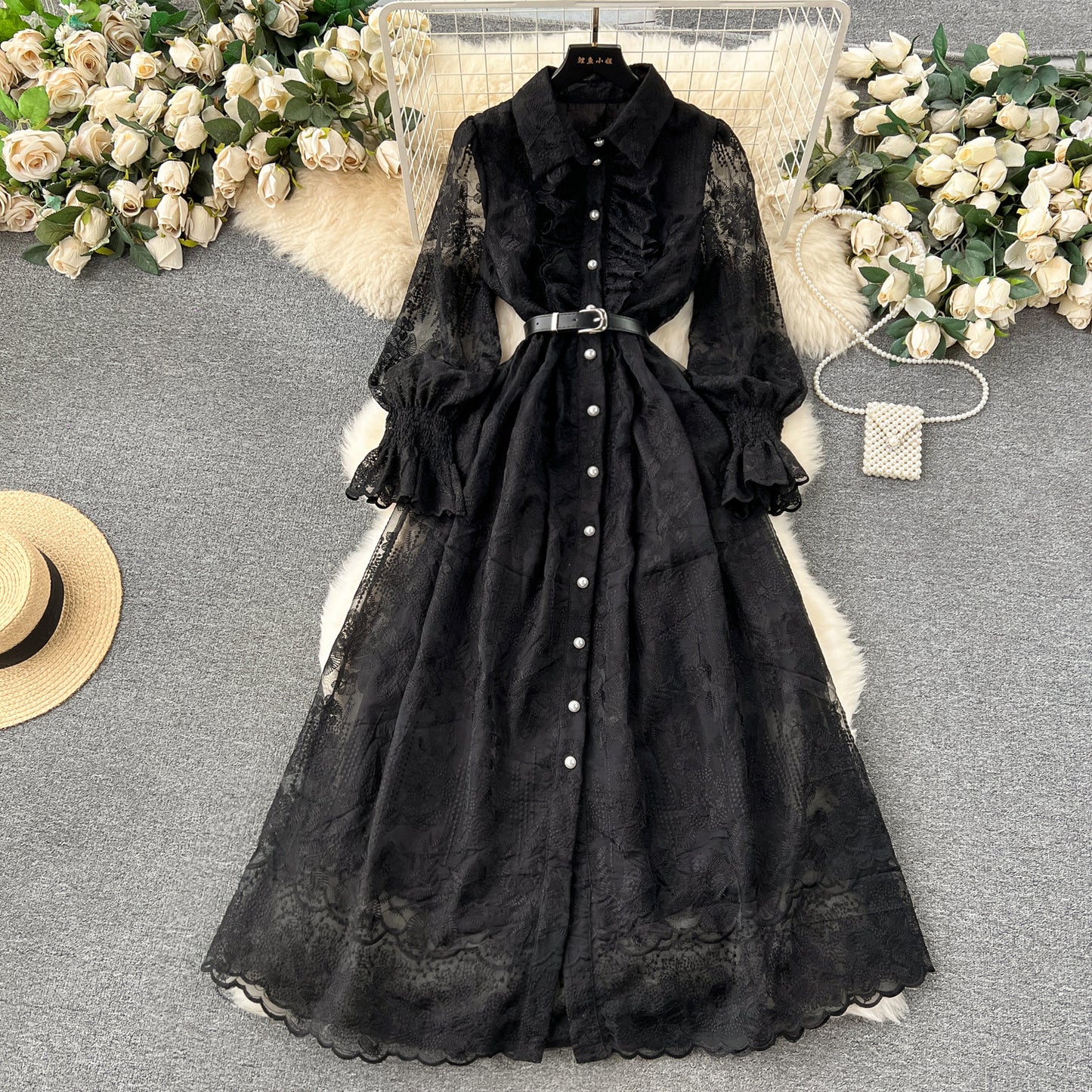 French retro court dress heavy industry embroidery fungus edge slim long lace dress high-end exquisite dress